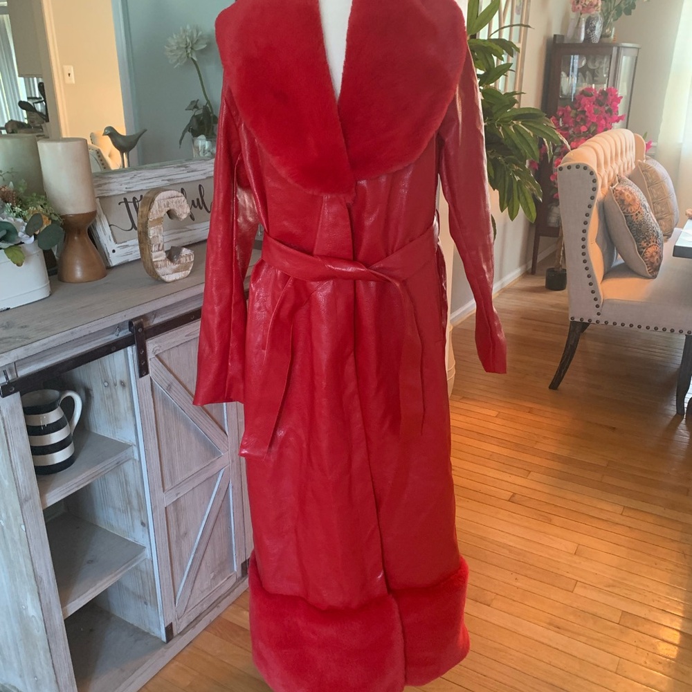 Fashion Nova Red Long Faux Fur Trim Coat - Picture 4 of 10